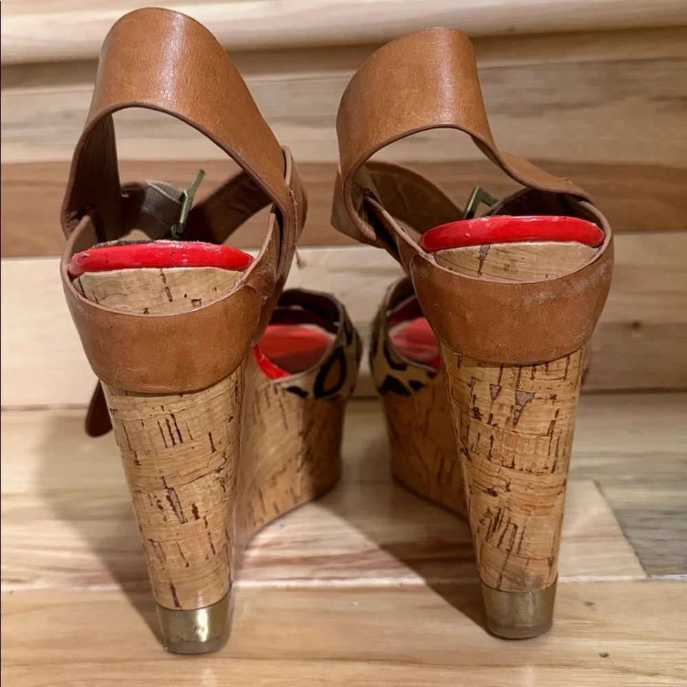 Sam Edelman Leopard Print Platform Wedges with Tan Straps and Red Footbed